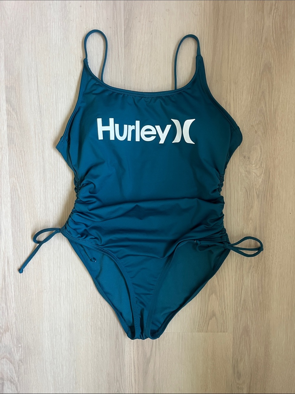 Hurley Deep Teal High-cut Side-Cinch One-Piece Sports Swimsuit with White Logo